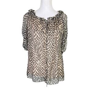 Milly Brown Tan Zebra Animal Print 100% Silk Short Sleeve Blouse